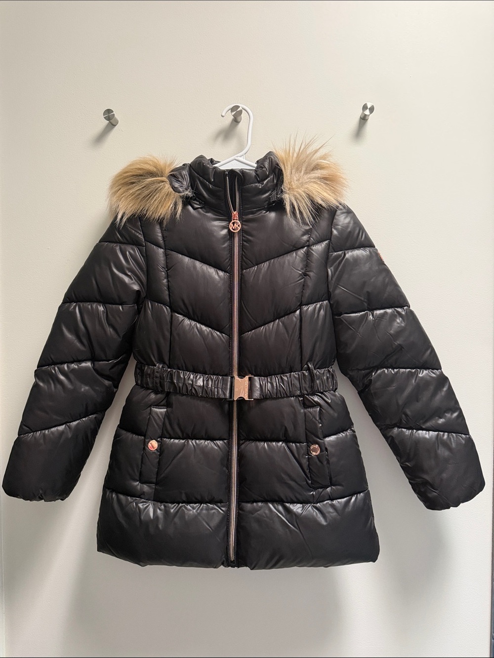Michael Kors Black Girl's Puffer Coat with Faux Fur Hood Trim size 10-12